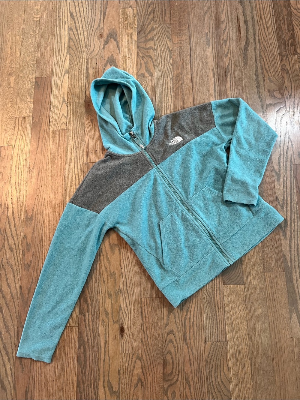 The North Face Teal and Gray Hooded Fleece Jacket